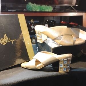 JOAN BOYCE Elegant Gold Block Heel Sandals